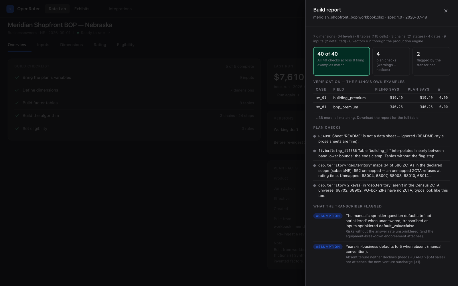 OpenRater build report: 40 of 40 filing-example checks matching, plan checks itemized, and transcriber assumptions flagged for review